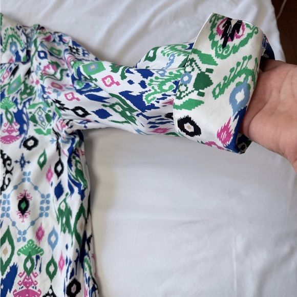 Chico's White Ikat Print Button-Up Shirt with Green, Blue and Pink Accents - Picture 6 of 11